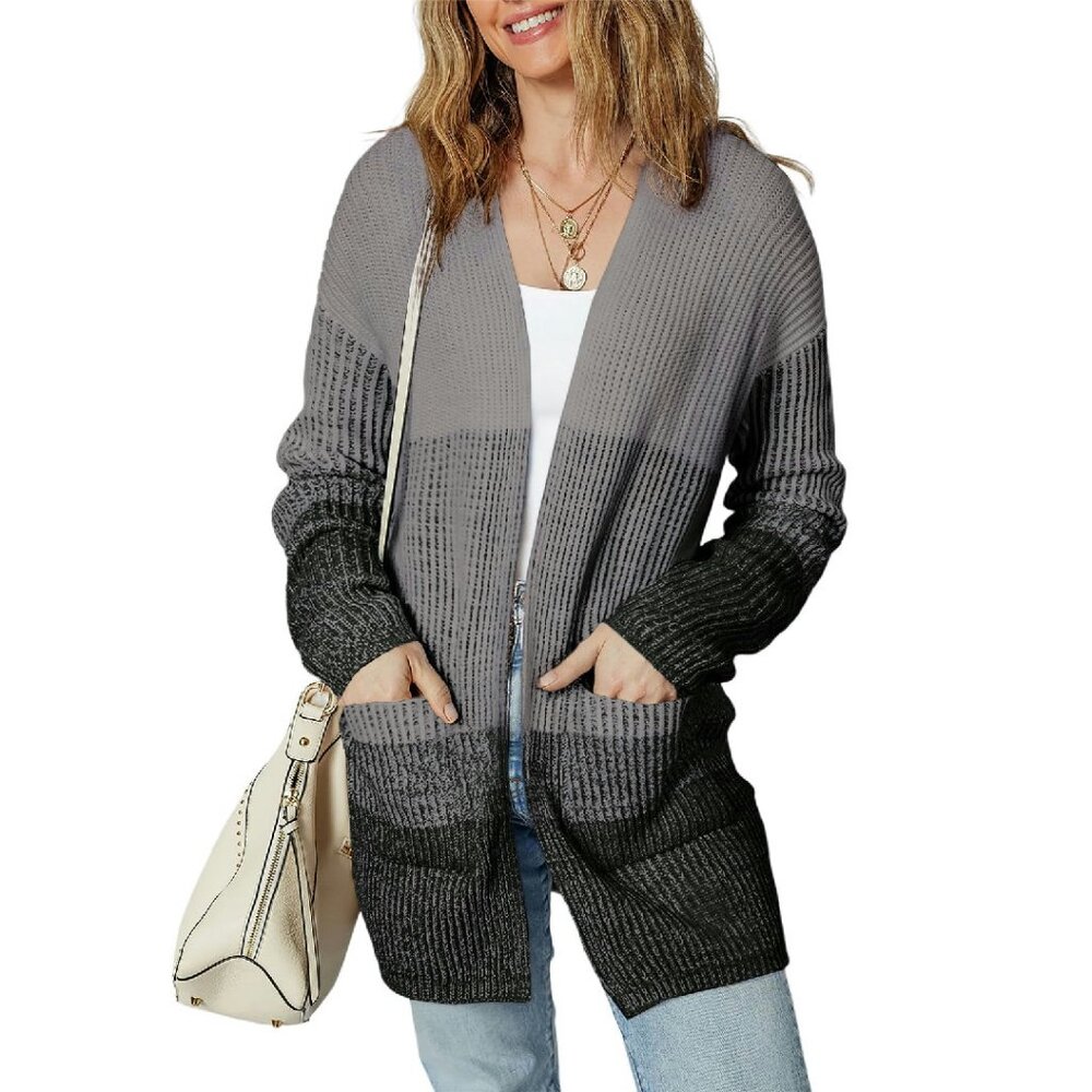 Ribbed Open Front Cardigan, Long Sleeve V-Neck Sweater, Pockets